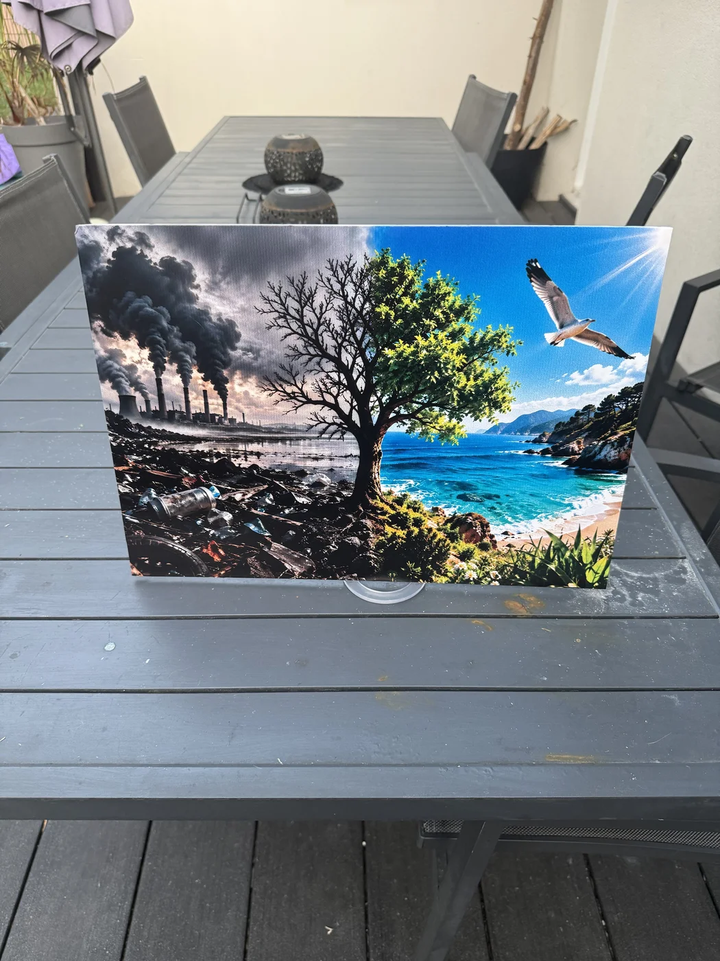 Impression UV sur carton mousse — arbre avant/après, pollution et nature préservée